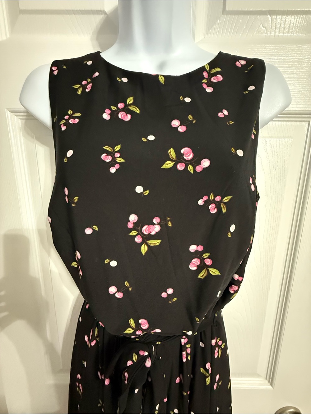 Anne Klein Black Midi Dress with Pink Floral Print and Tie Waist - Picture 2 of 5